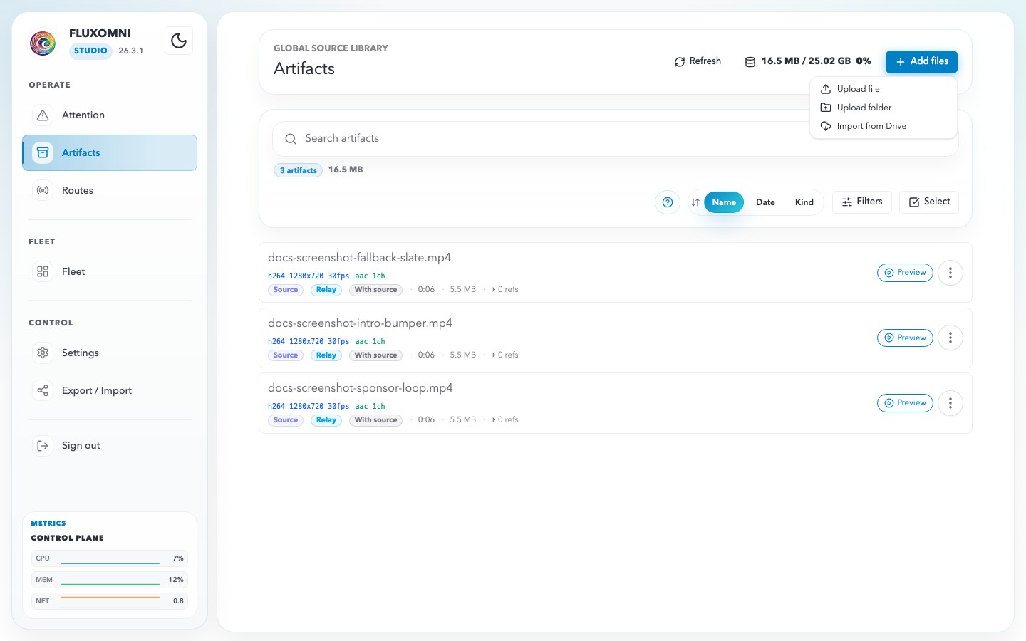 The Add files menu showing upload and Drive import options