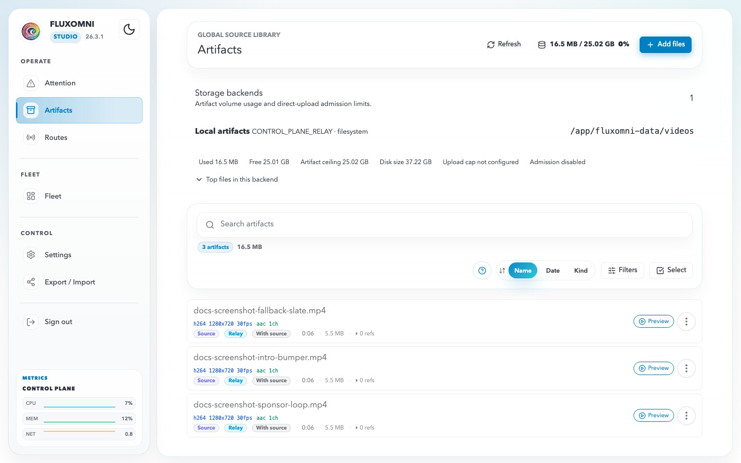 The Artifacts storage panel showing capacity, headroom, reservations, and recent rejections