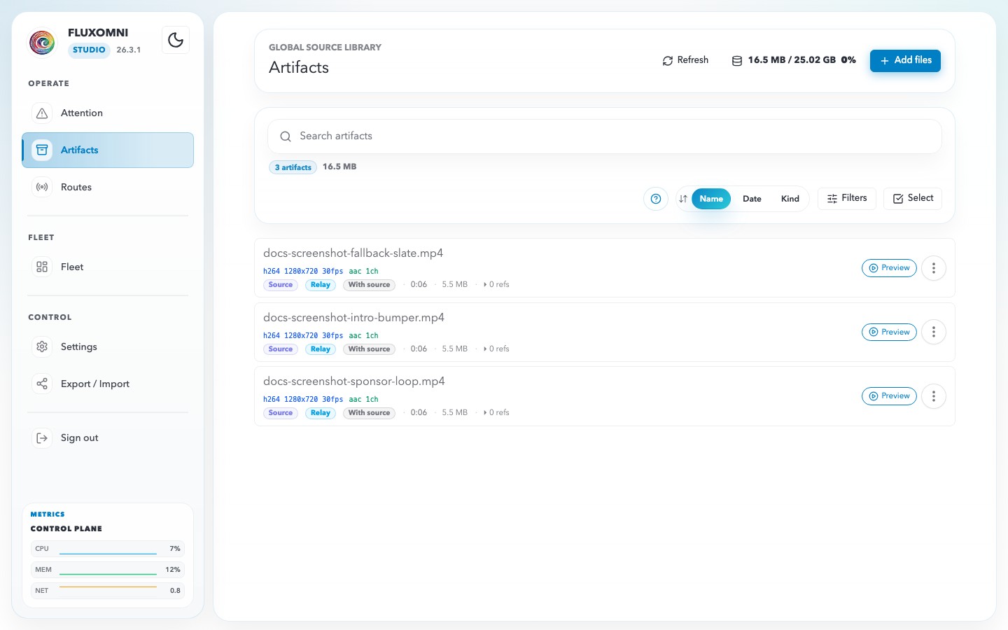 The Artifacts page showing the shared media library, filters, tags, and storage summary