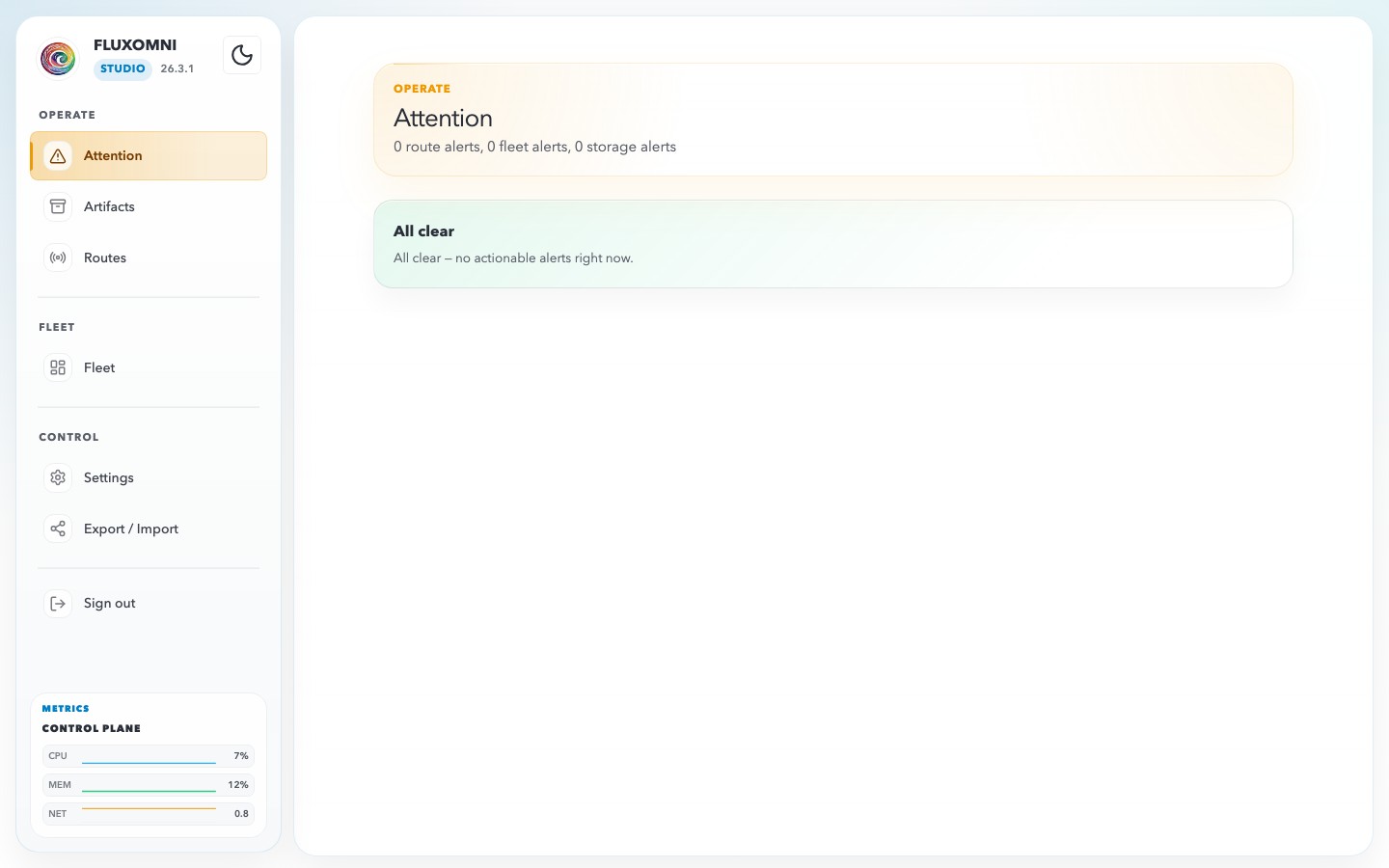 The Attention page showing the all-clear state when no active alerts exist