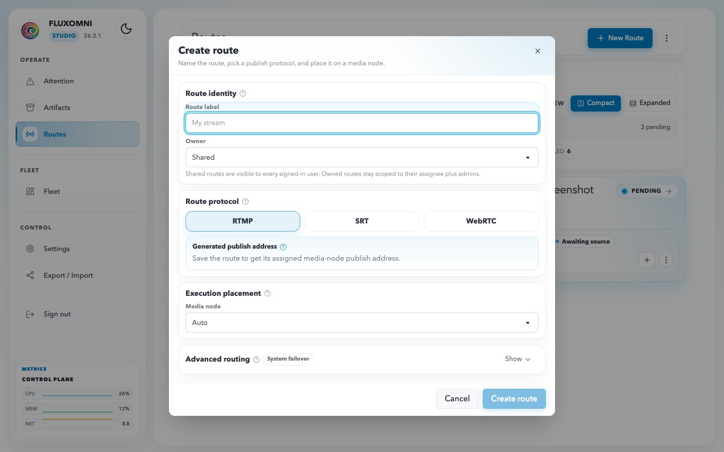 The Create Route dialog