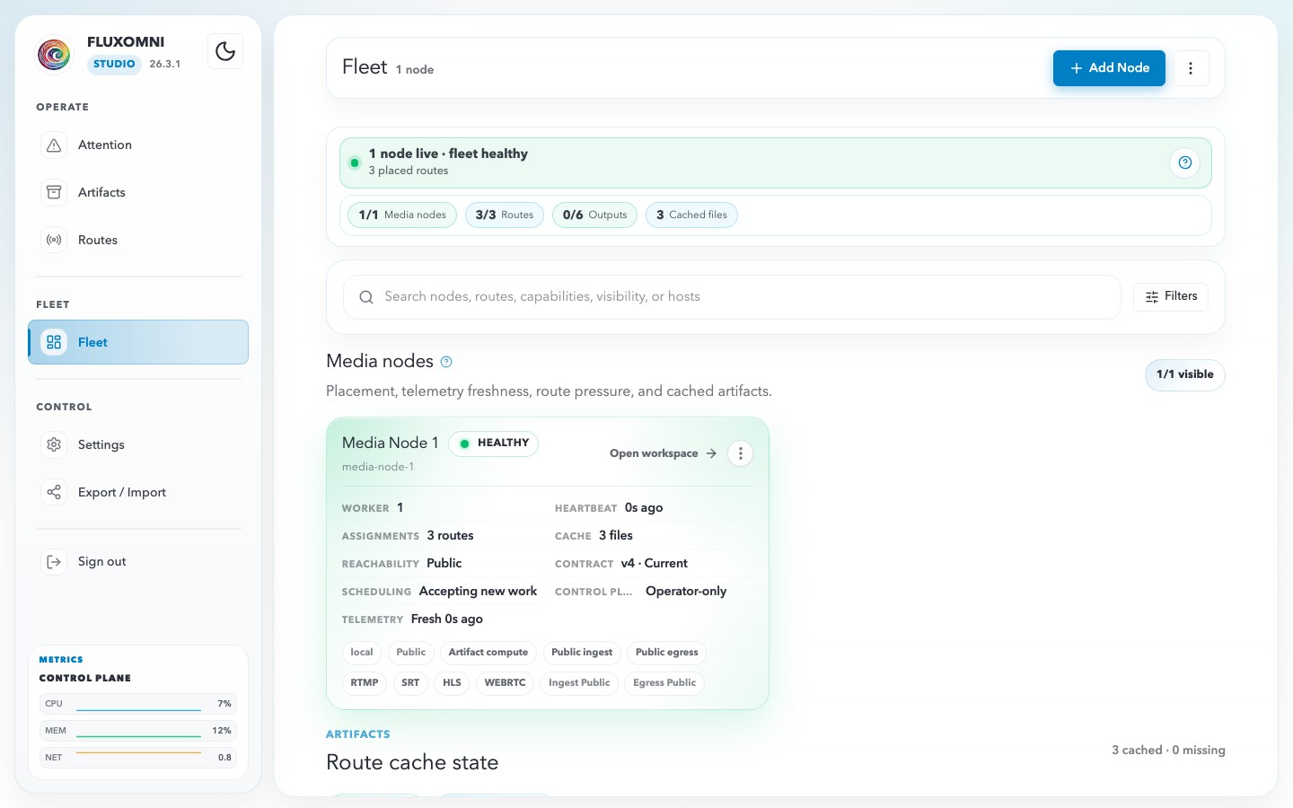 The Fleet page showing media node inventory and health