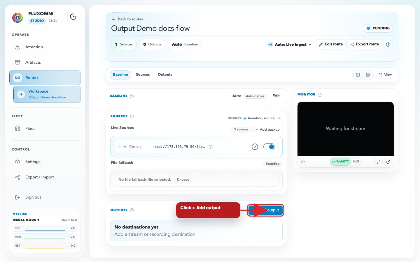 The Routing tab with no outputs connected yet