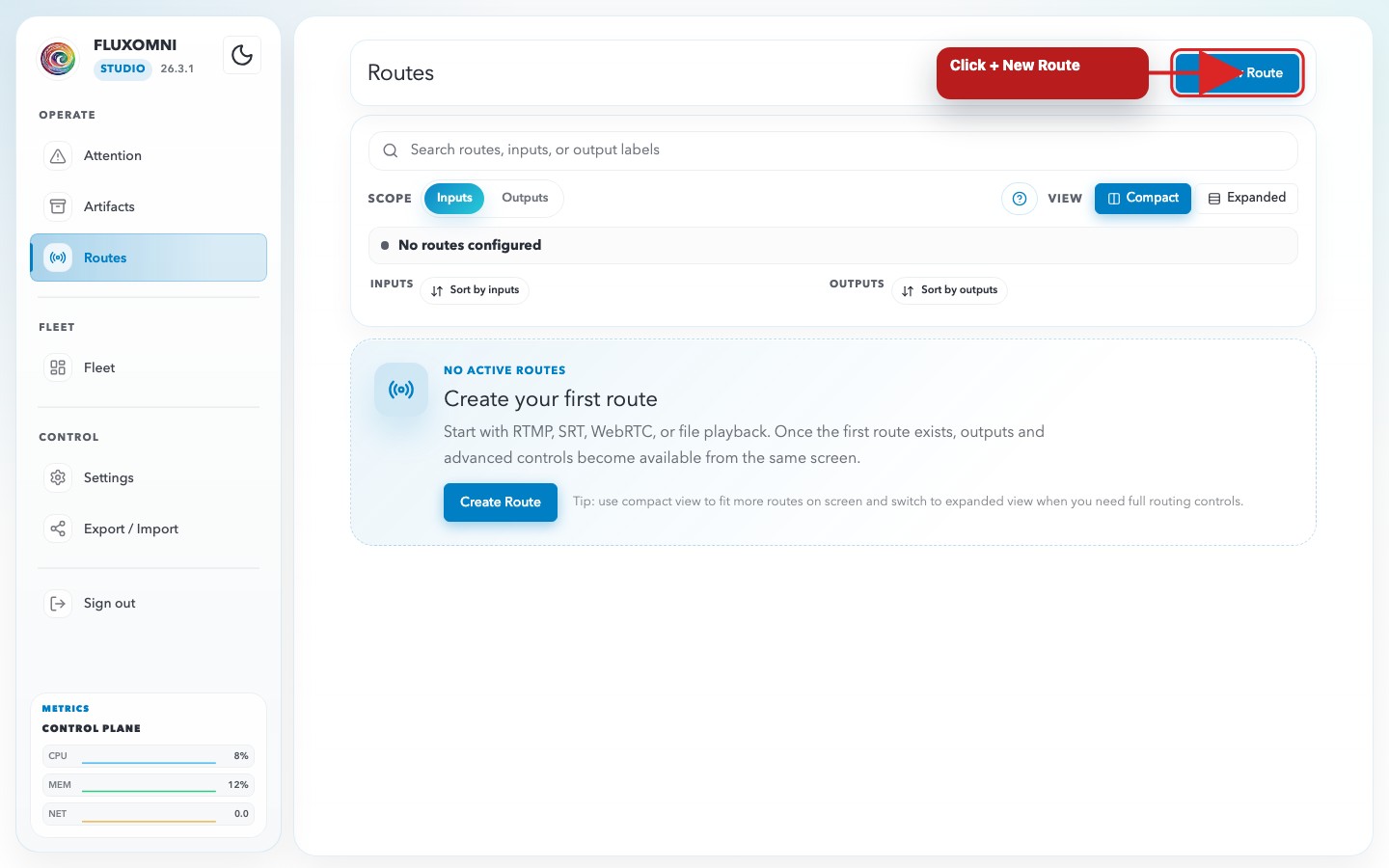 The Routes page before opening the Create Route dialog