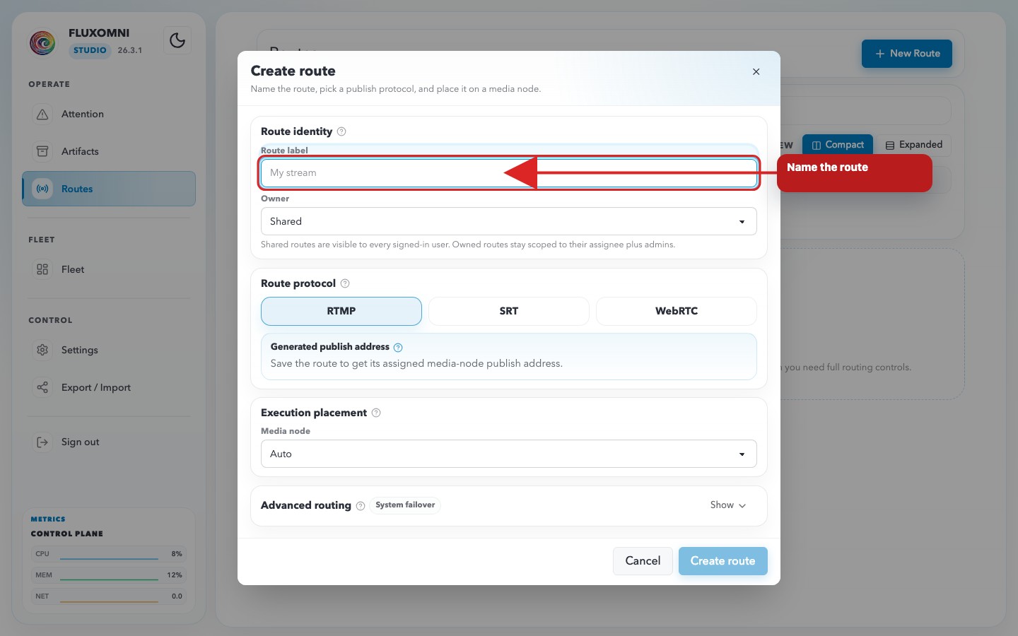 The empty Create Route dialog