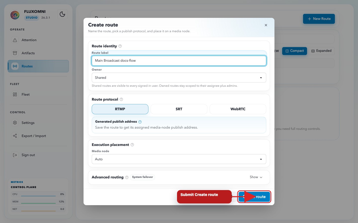 The Create Route dialog with route identity filled in
