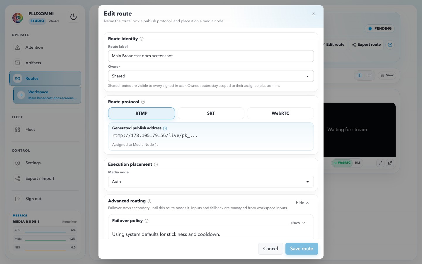 The Edit Route dialog with advanced routing expanded