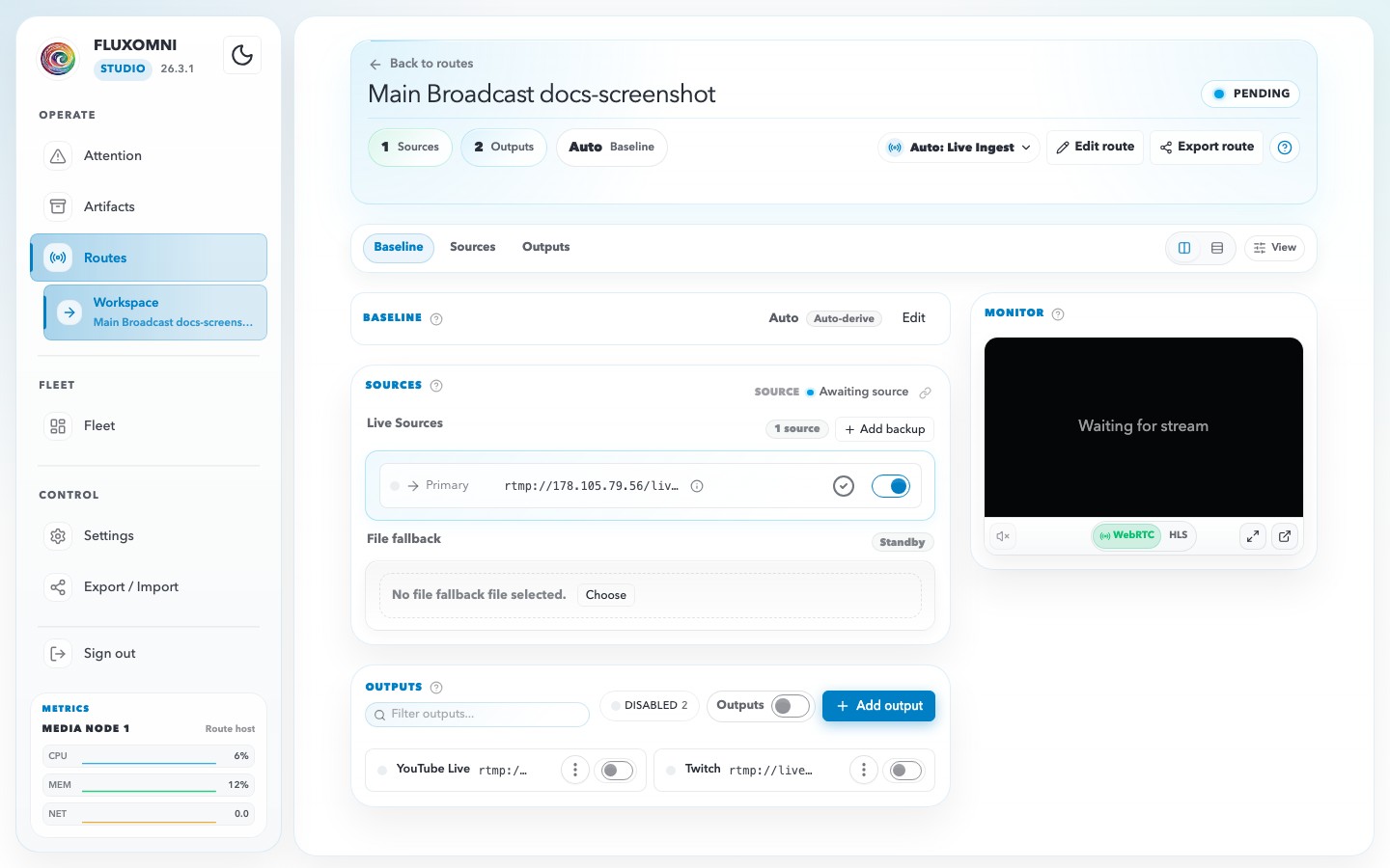 The Routing tab showing signal path, outputs, playlist, and live playback panels