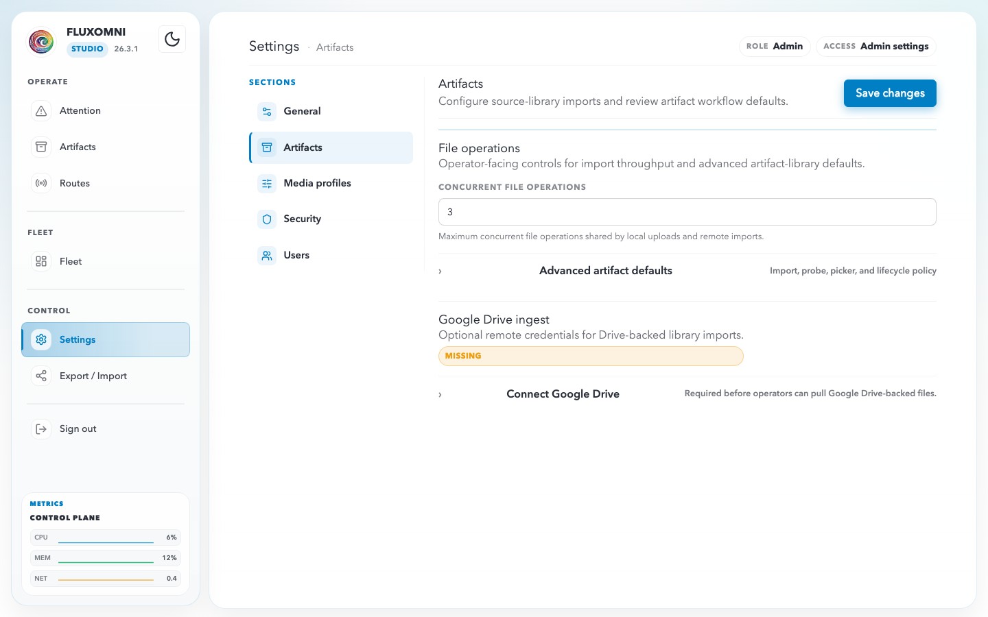 The Artifacts settings section showing Google Drive ingest settings and artifact workflow defaults