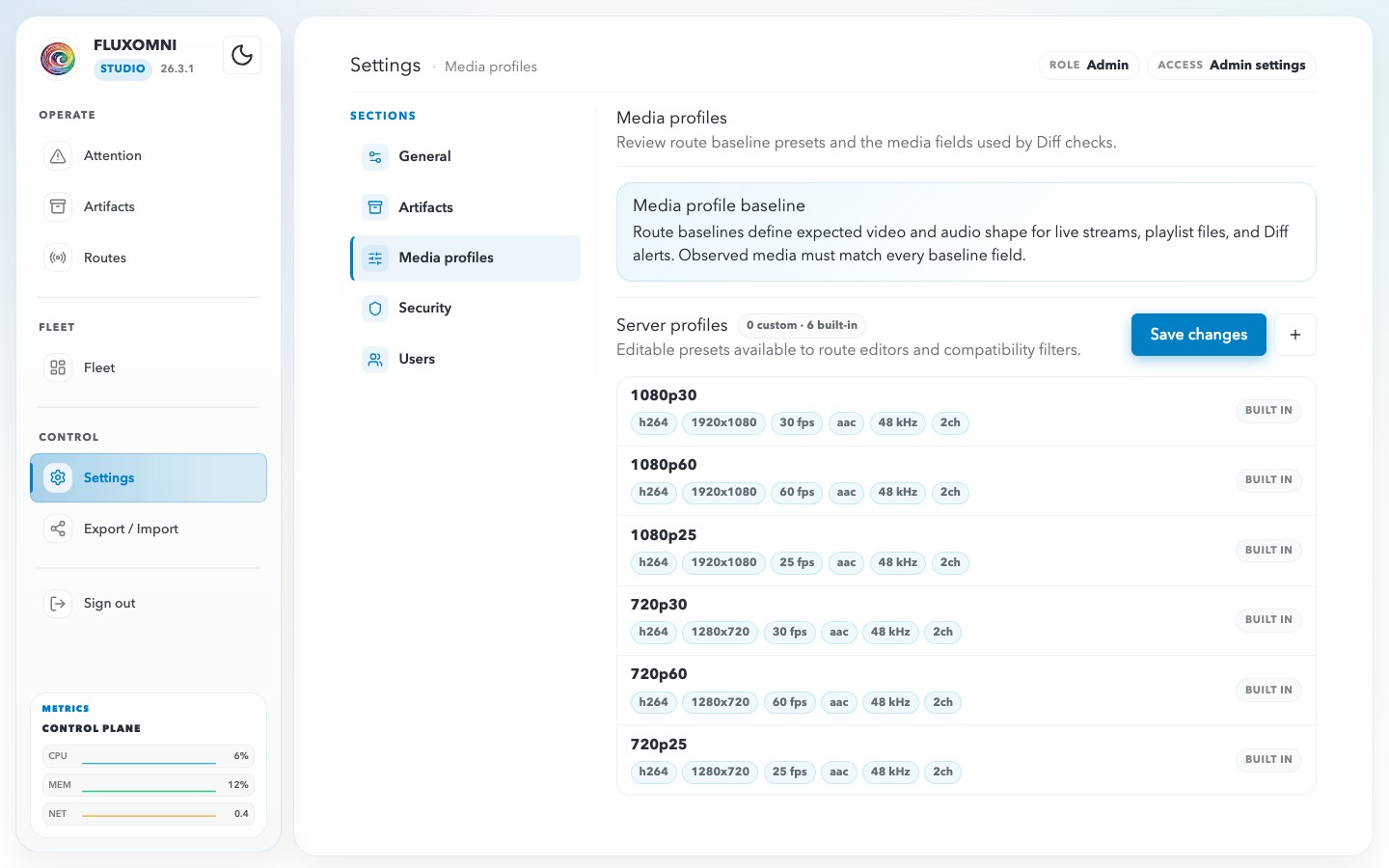 The Media profiles settings section showing baseline preset definitions