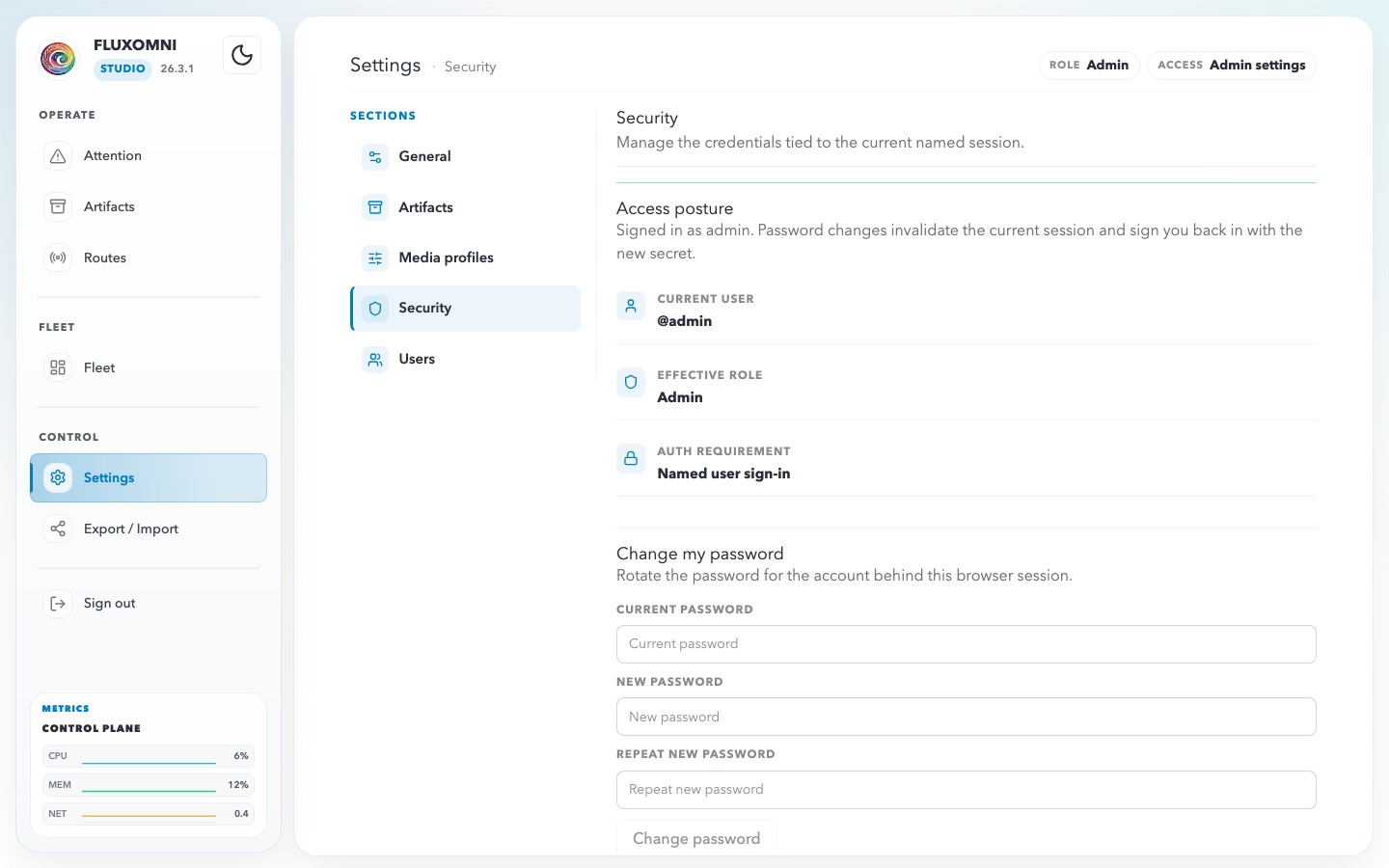 The Security settings section showing access posture and password rotation