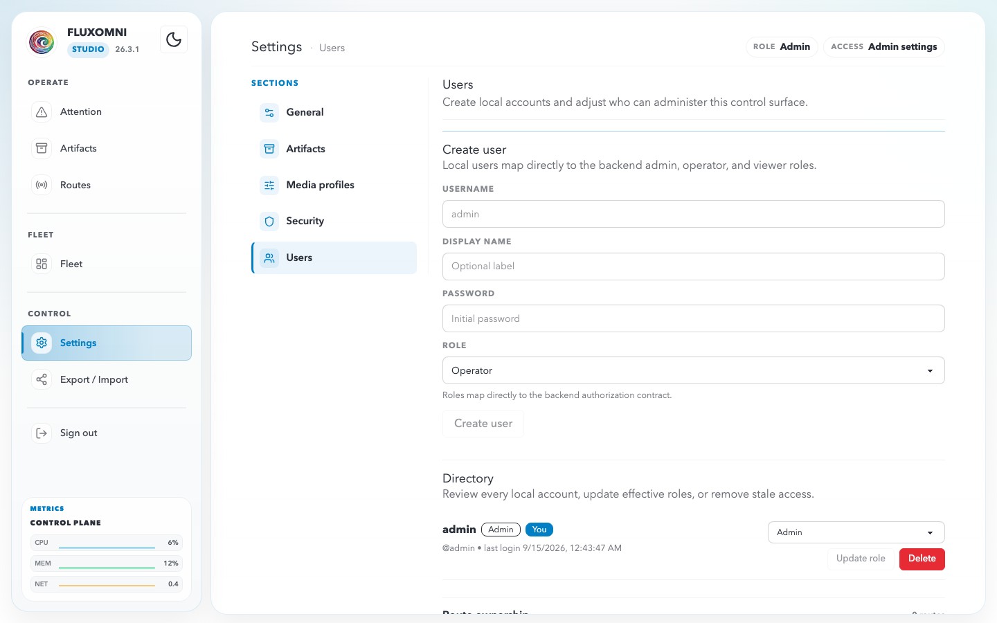 The Users settings section with local account creation and the admin section rail