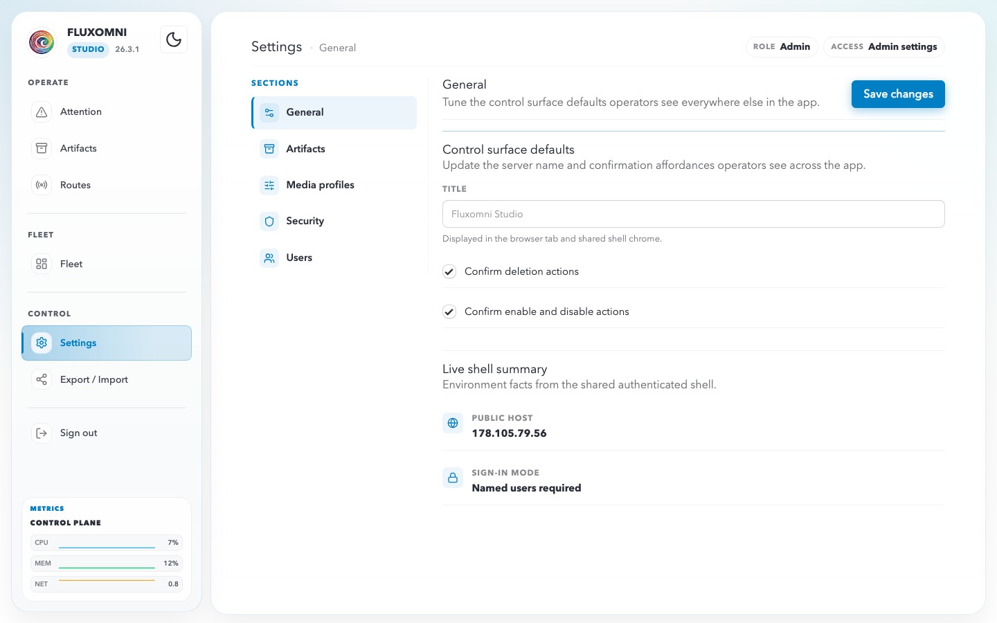 The General settings section with the section rail, hero card, and admin controls